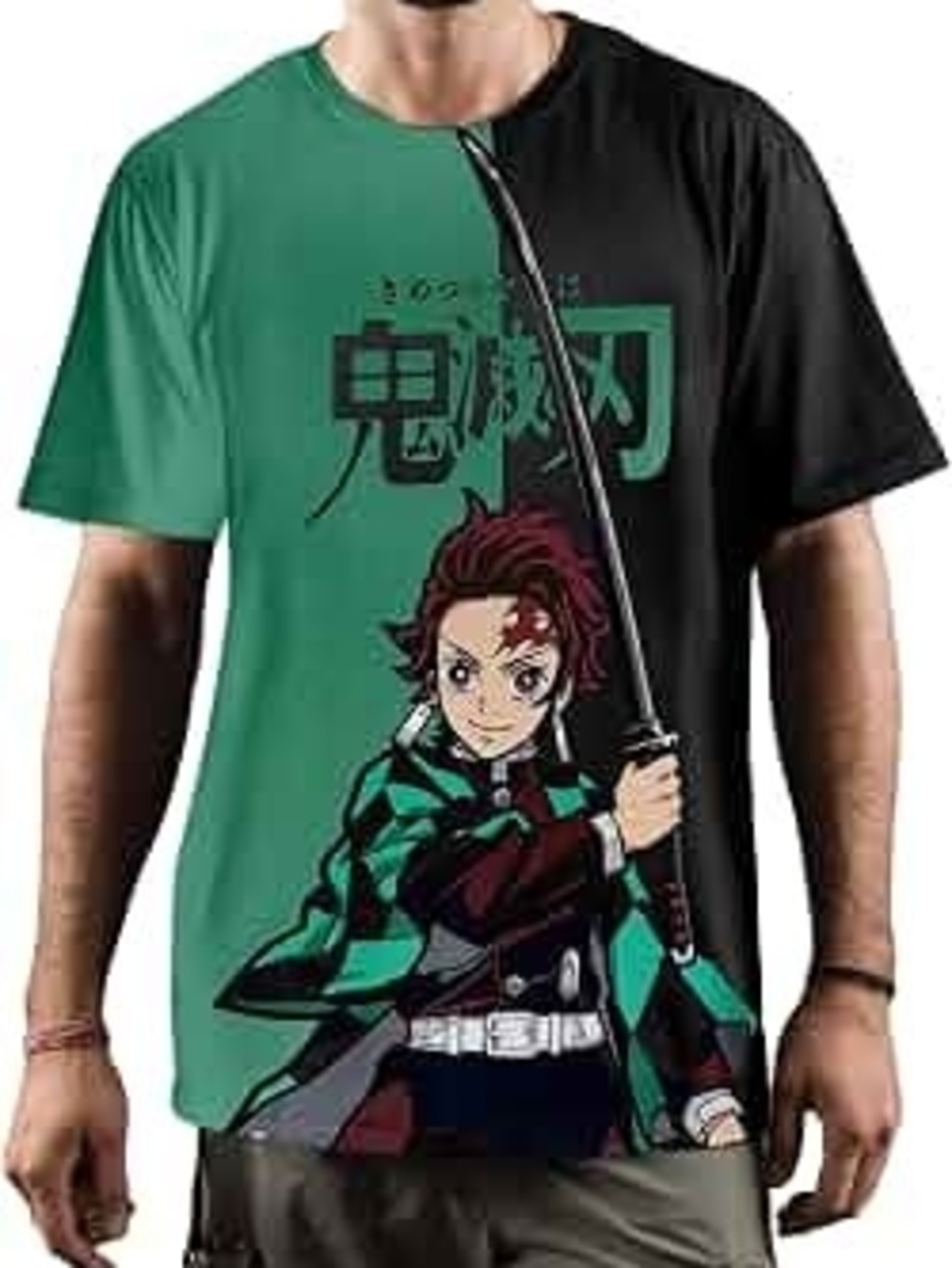 Men's Green and Black Anime Graphic Short-Sleeve Tee